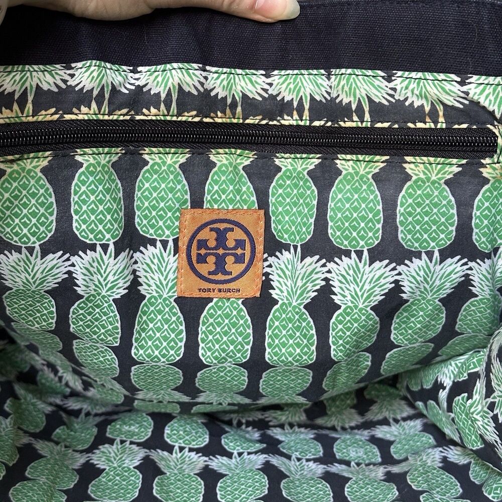 TORY BURCH Large Canvas Tote Navy Blue Shopper Bag Metallic Top Handle - Picture 16 of 16
